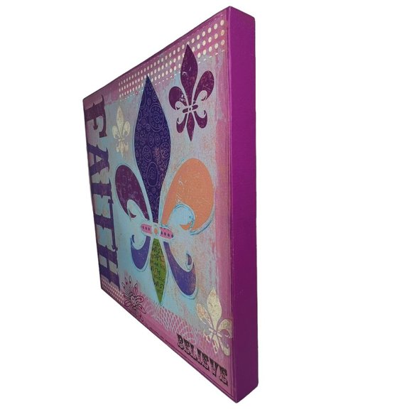 Fleur de Lis Faith Believe Stretched Canvas Girls Room Decor Pink Purple 16 in - Picture 6 of 8